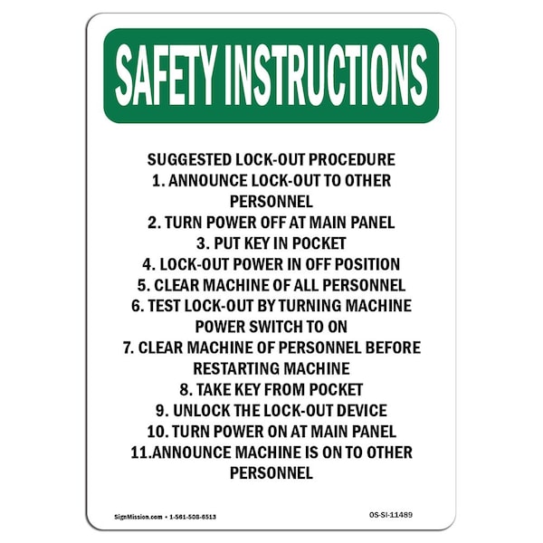 OSHA Sign, Suggested Lock-Out Procedure, 24in X 18in Rigid Plastic, 18" W, 24" L, Portrait